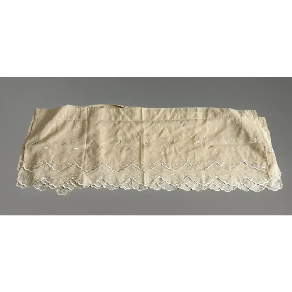 Home Decor Valance Tan Chiffon Embroidered Swirl Scalloped Tiered Curtain set 5